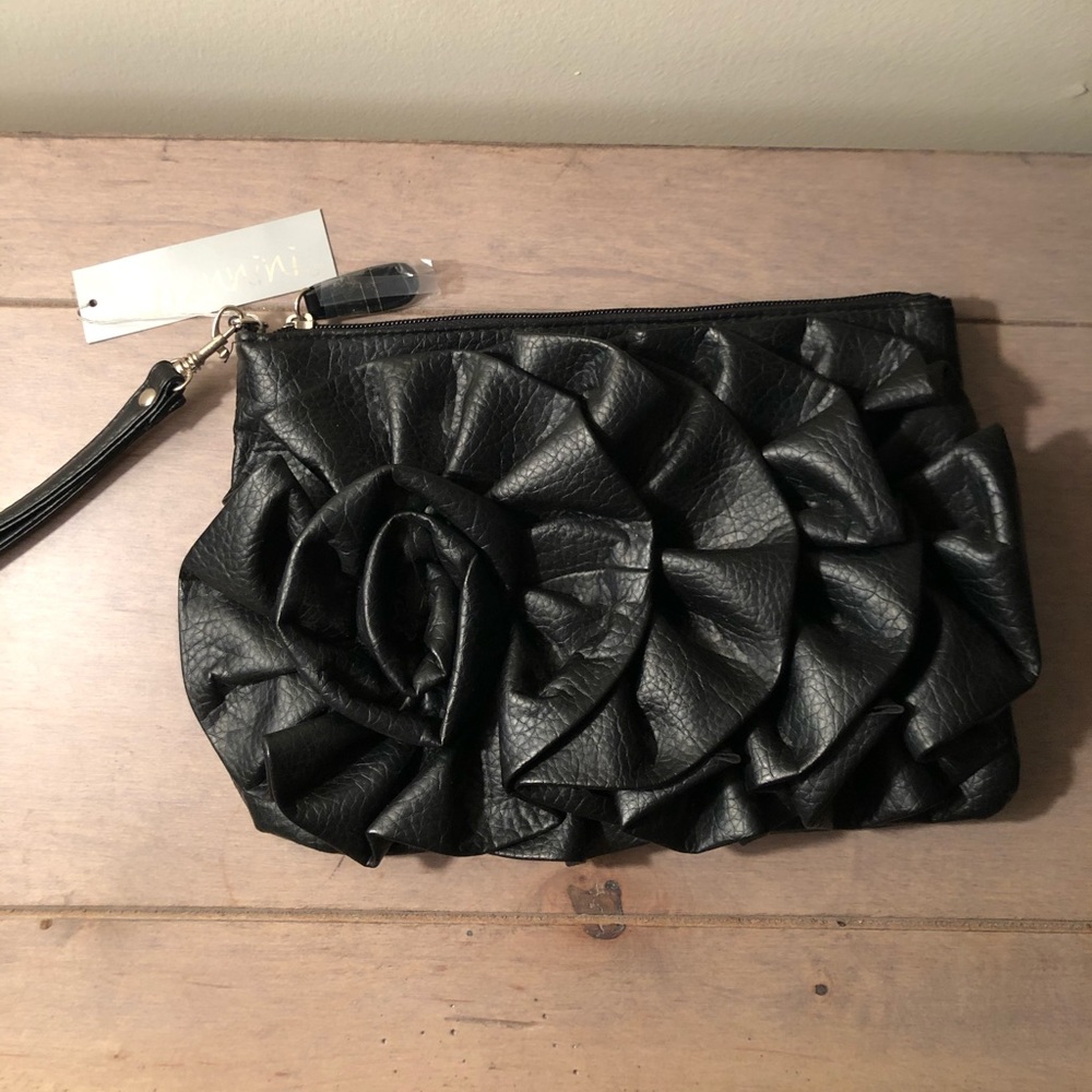 2/$10 Faux Leather Ruffled Clutch Purse, Black NWT